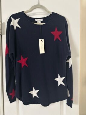 Rachel Zoe Navy Star Lightweight  Knit Sweater Red White New NWT Patriotic Large